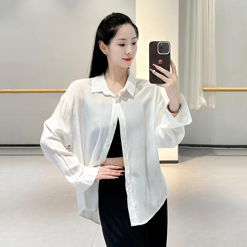 现代舞宽松飘逸衬衫女舞蹈服古典舞长袖开衫形体服上衣练功服外搭图片