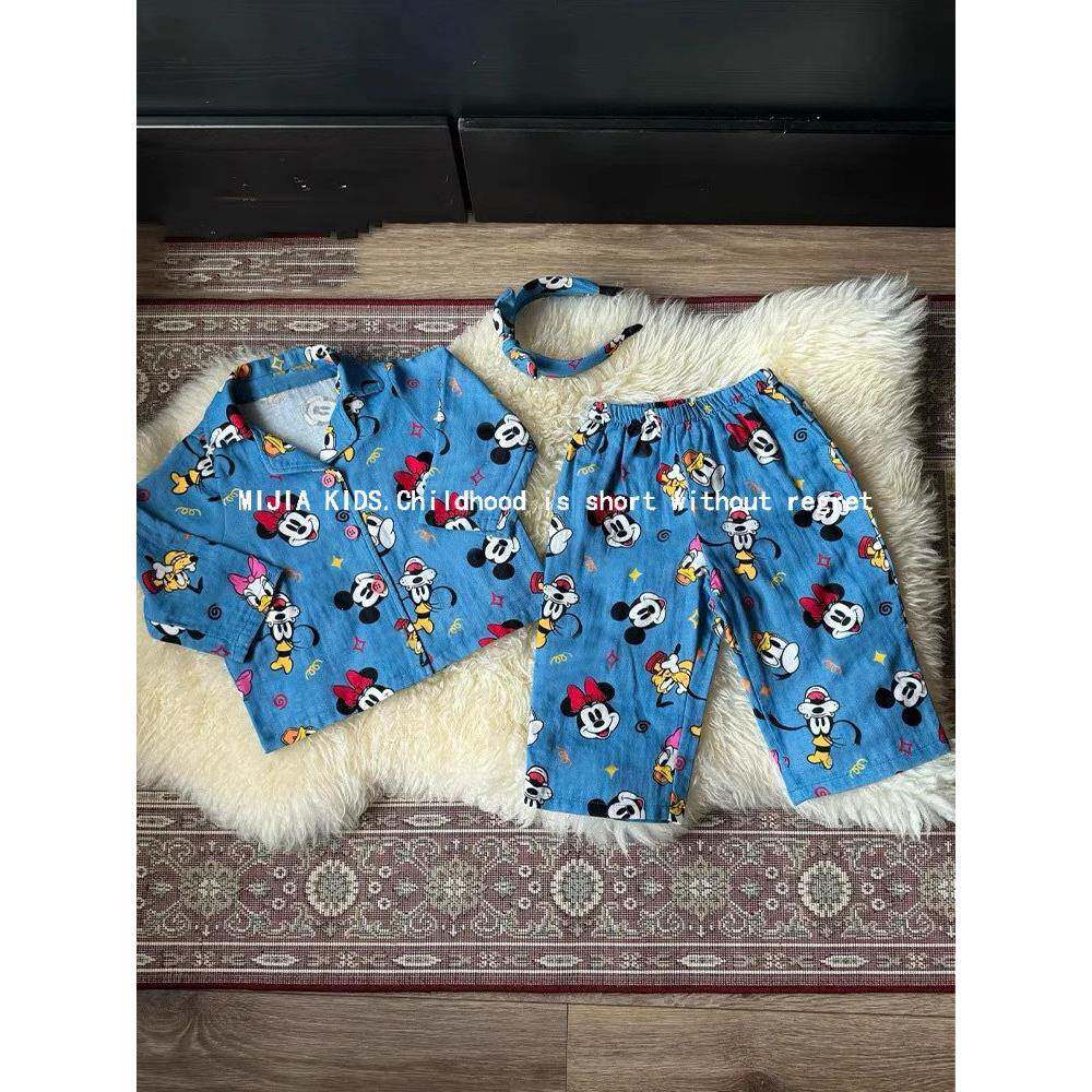 韩版儿童纯棉睡衣套装小童睡裤男童女童米奇KT印花家居服夏季童装