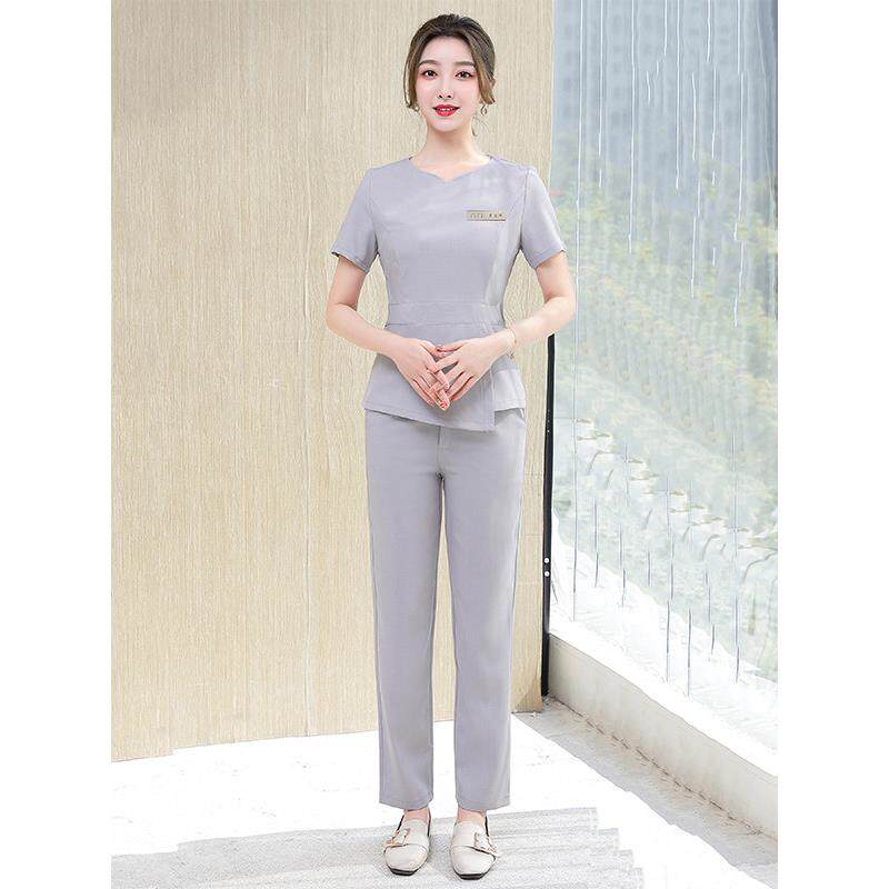 新型美容院美容师工作服女性夏季健康足浴技师套装高端气质时尚灰