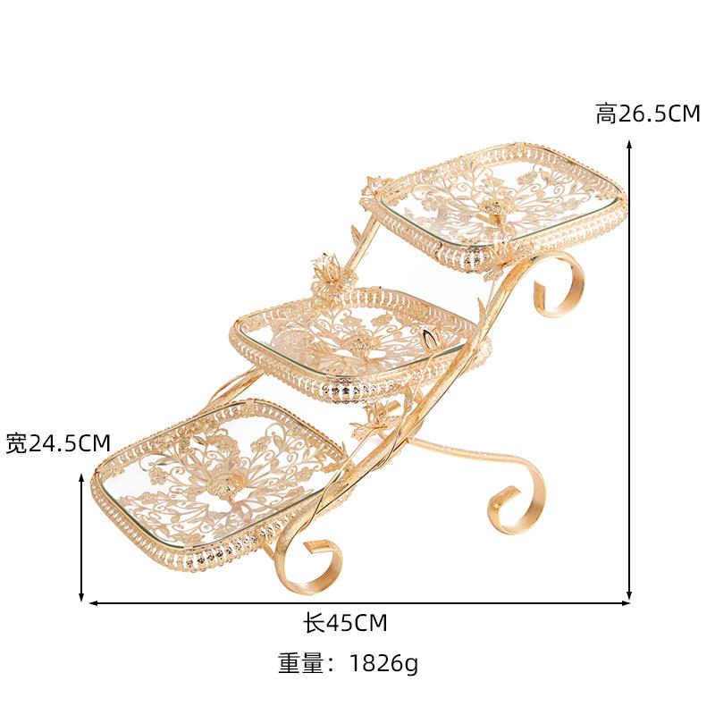 欧美时尚创意三层方形果盘钢化玻璃铁艺水果盘酒店客厅果盘摆饰