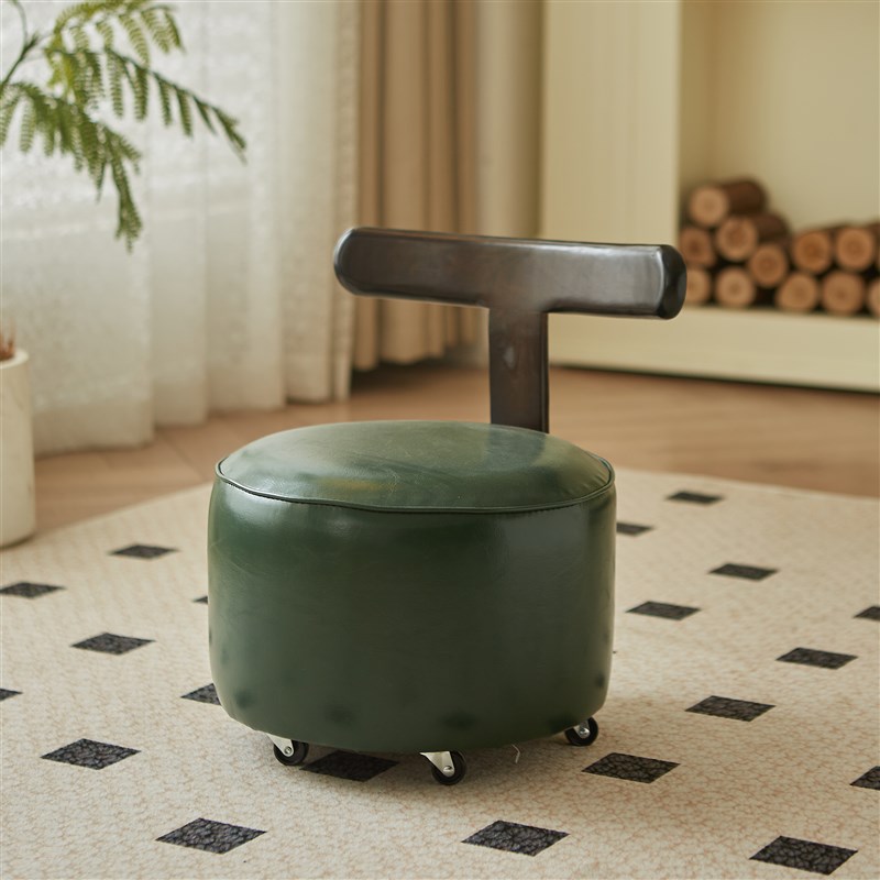 复古万向轮小凳子家用简易实木矮凳可移动圆凳带靠背2024新款爆款