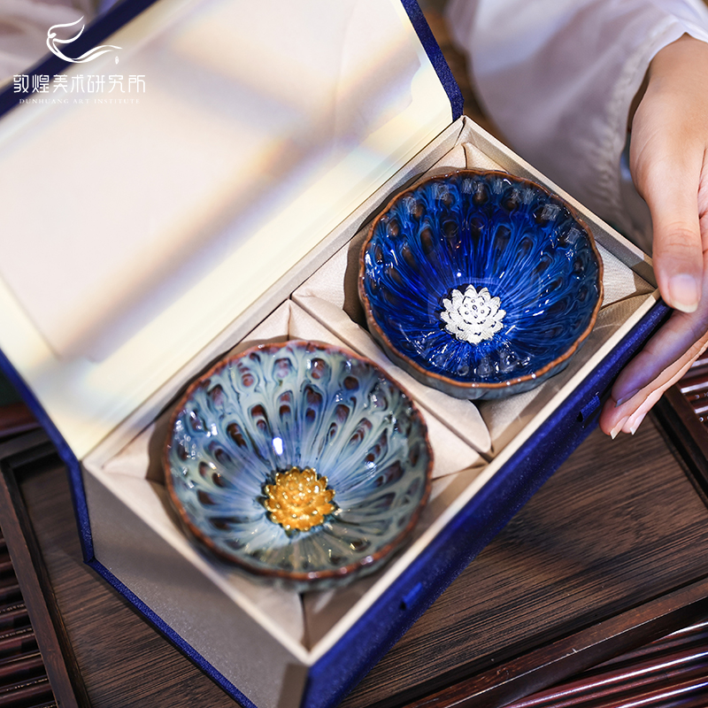 敦煌莲花藻井纹茶盏对杯茶具礼盒茶杯套装结婚礼物生日新婚礼物