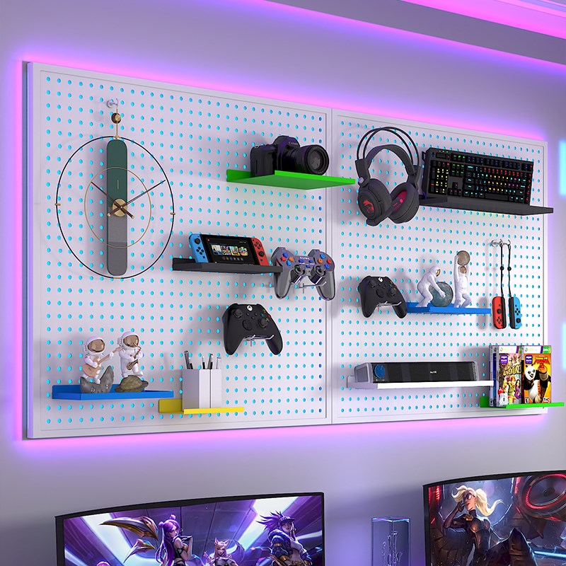 定制电竞房洞洞板装饰墙置物架电脑桌书房墙上挂板收纳铁艺展示架