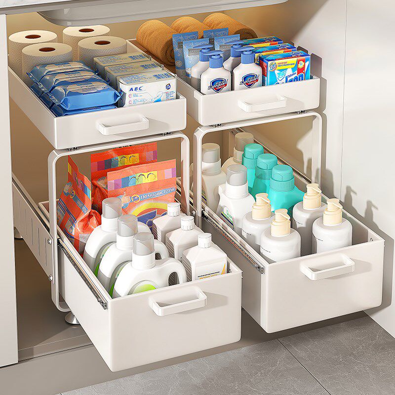 下水槽置物架抽拉式拉篮橱柜分层隔板卫生间浴室柜下收纳筐整理盒