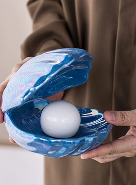 陶瓷贝壳小夜灯卧室床头灯珠光釉网红少女心梦幻珍珠创意桌面摆件