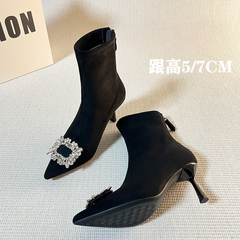 羊皮版~气质水钻高跟短靴女2025秋冬通勤黑色绒面细跟尖头瘦瘦靴