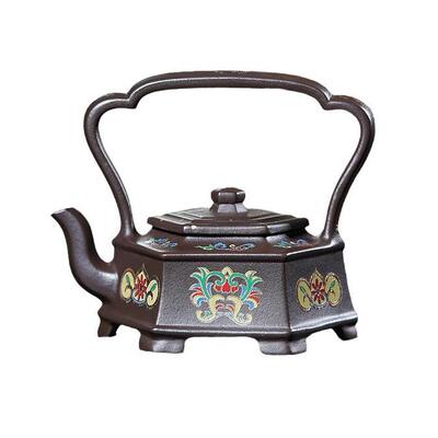 六方提梁宜兴纯手工紫砂壶珐琅彩功夫茶具260cc老紫泥泡茶壶