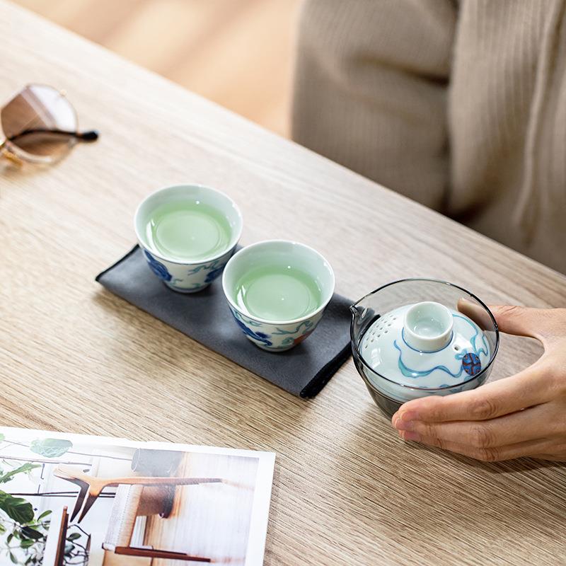 仿古青花玻璃杯旅行茶具陶套装快客壶两杯一户外便2022-9-8携瓷伴