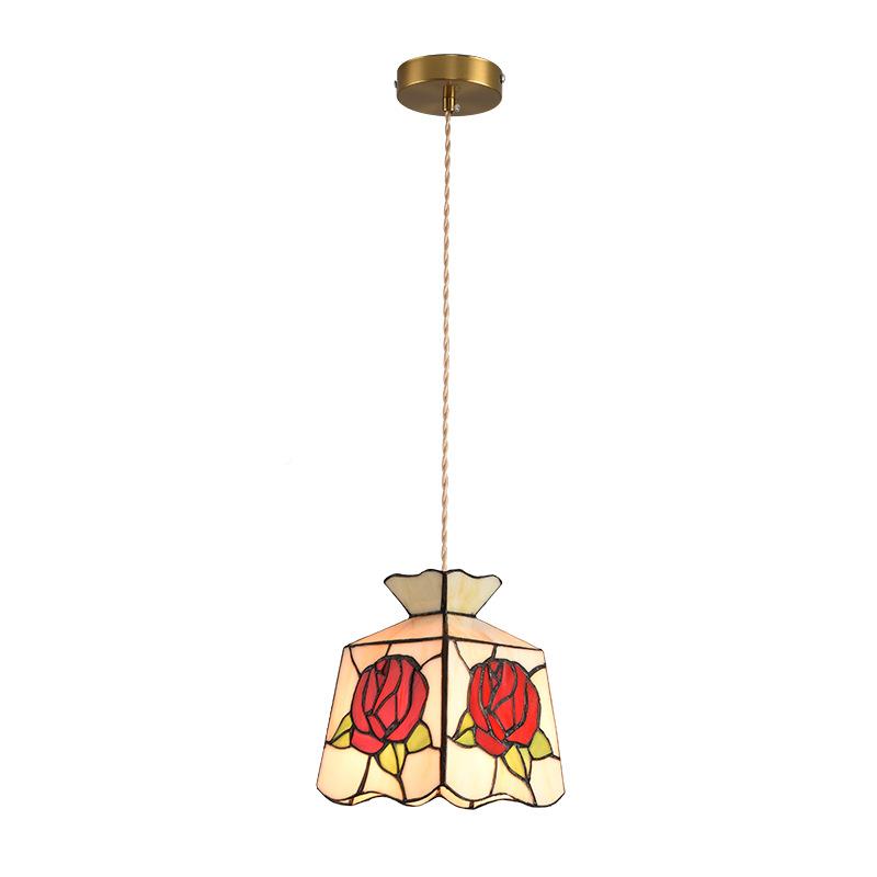 复过焊古黄纯手工锡灯美式风格床头道餐厅铜咖啡厅彩色玻璃小吊灯