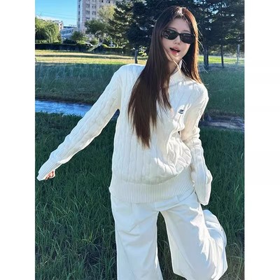 美式复古白色松弛感半拉链高领毛衣女秋冬2024新款慵懒风宽松外套