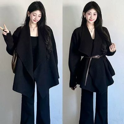 2025新款秋秋季韩系高级感黑色翻领针织开衫毛衣外套女早秋三件套