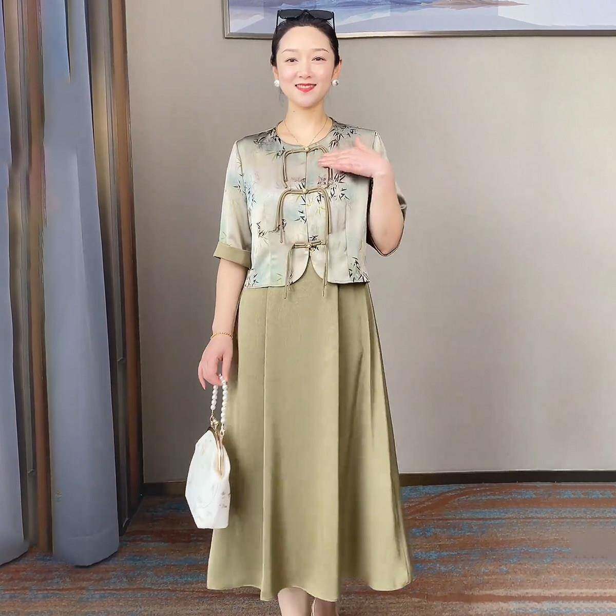 中年妈妈装新中式连衣裙套装女中老年中长款长裙子大码洋气两件套