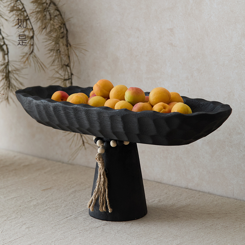 如是侘寂风复古实木高足果盘摆件