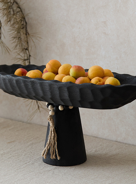 如是/侘寂风复古果盘民宿酒店客厅高级装饰品摆件实木做旧高足盘