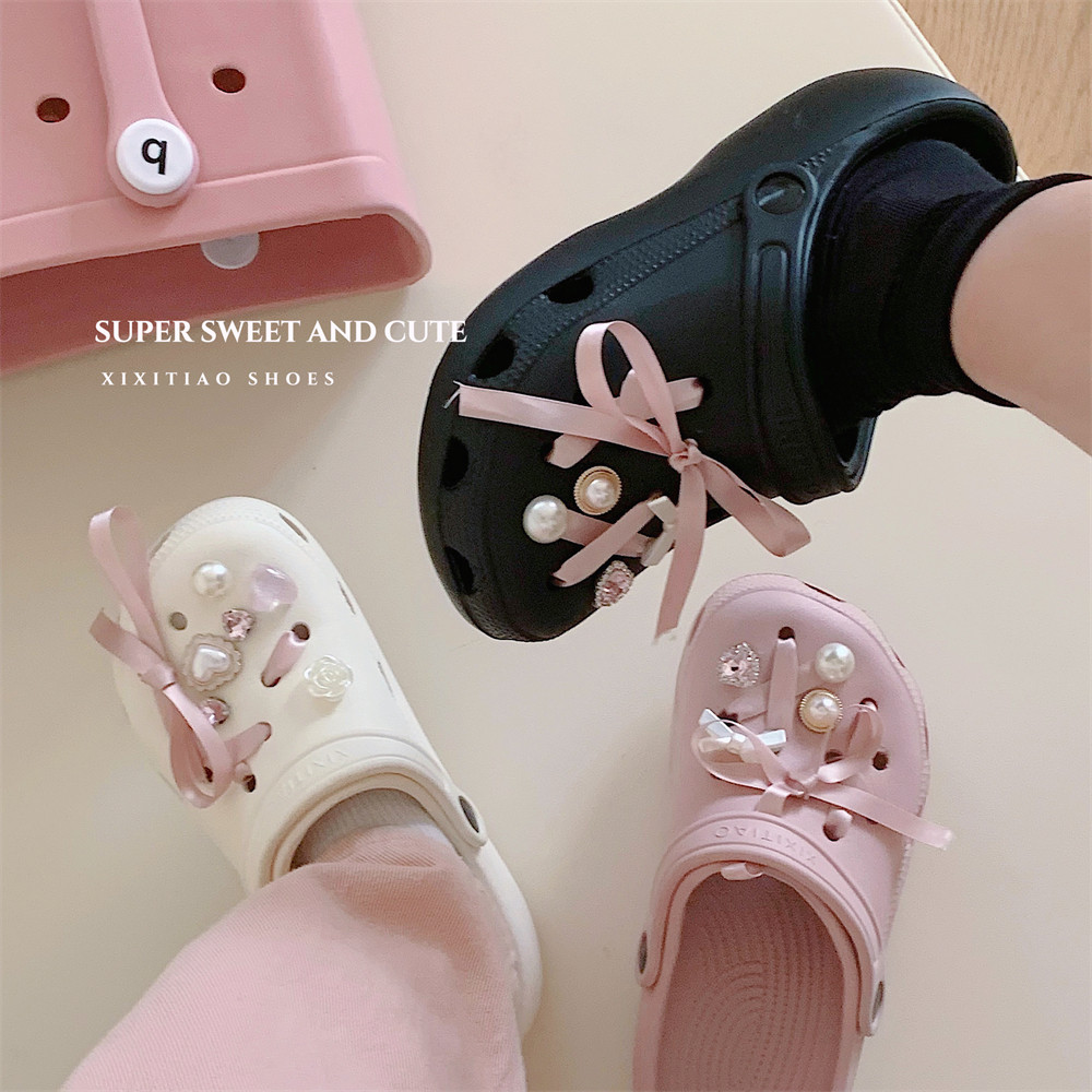 细细条 网红爱心钻石甜美粉色蝴蝶结洞洞鞋夏季韩版百搭沙滩鞋女