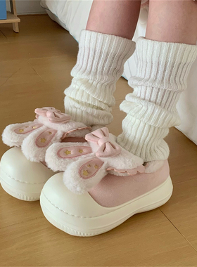 细细条 防滑加绒保暖女士面包鞋网红冬百搭厚底可爱兔耳朵lo棉鞋