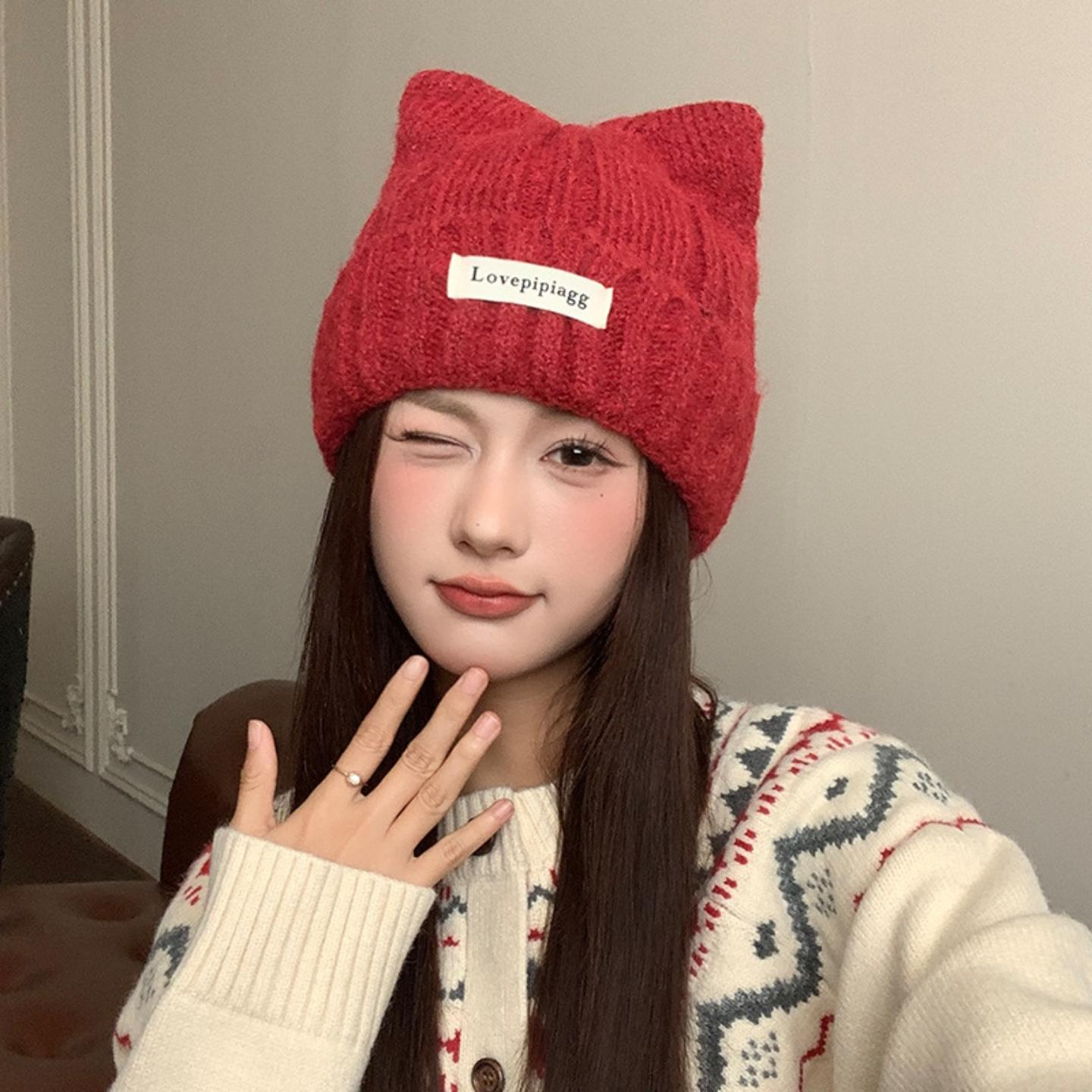 猫耳朵毛线帽子女秋冬季加绒加厚保暖冷帽大头围防寒护耳针织帽