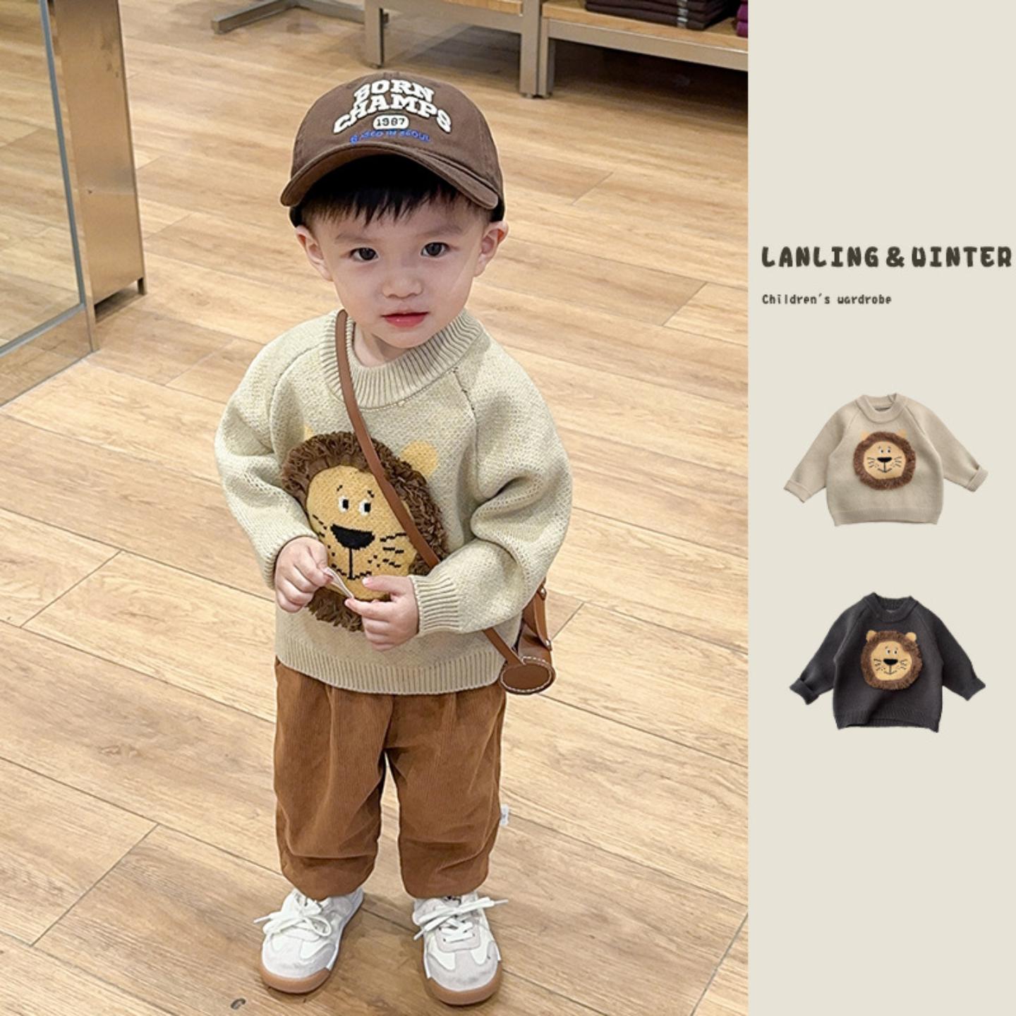 男童秋冬韩版洋气套头毛衣婴儿卡通狮子针织衫宝宝百搭上衣冬装