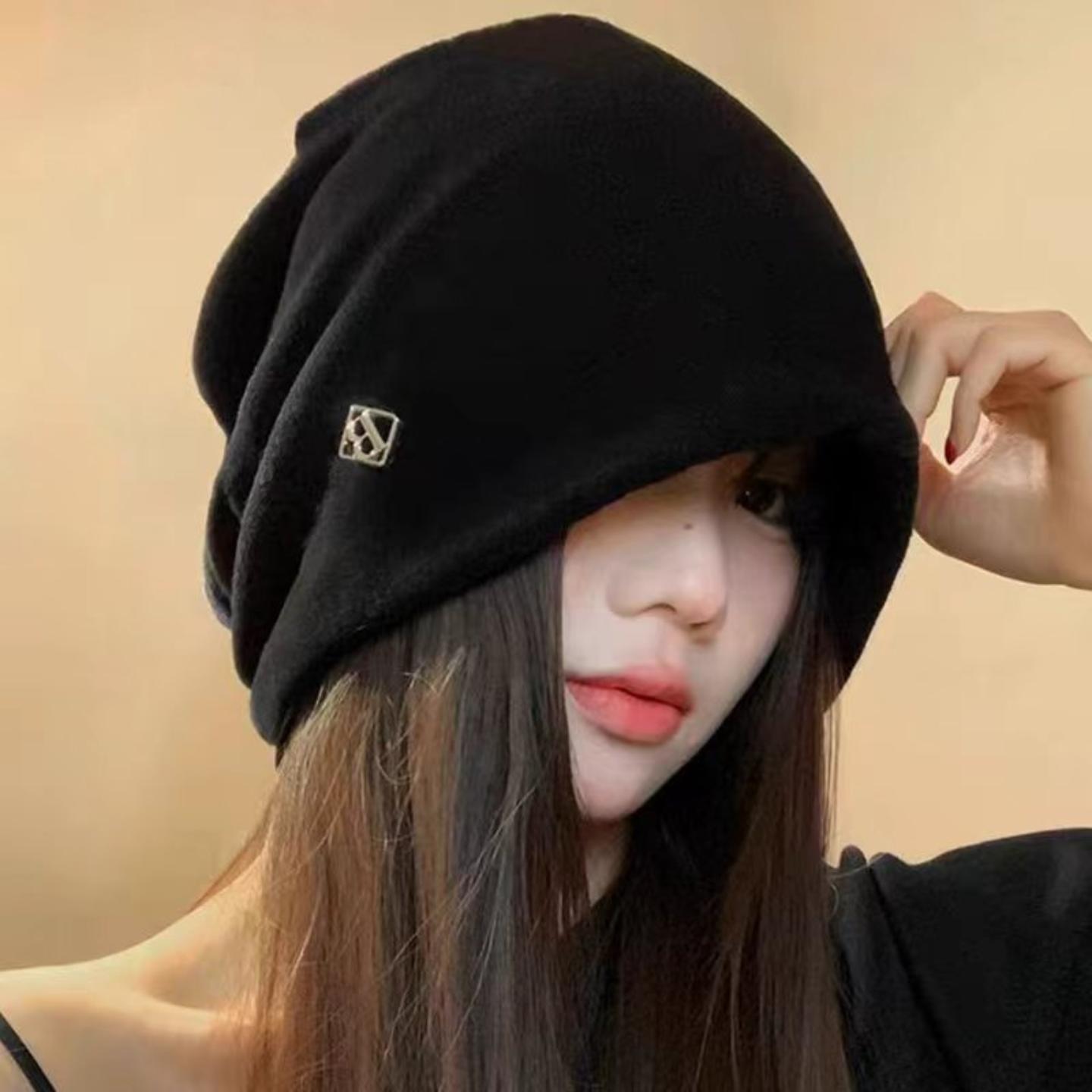 金属小标堆堆帽子女新款春秋宽松保暖慵懒风针织帽大头围包头冷帽