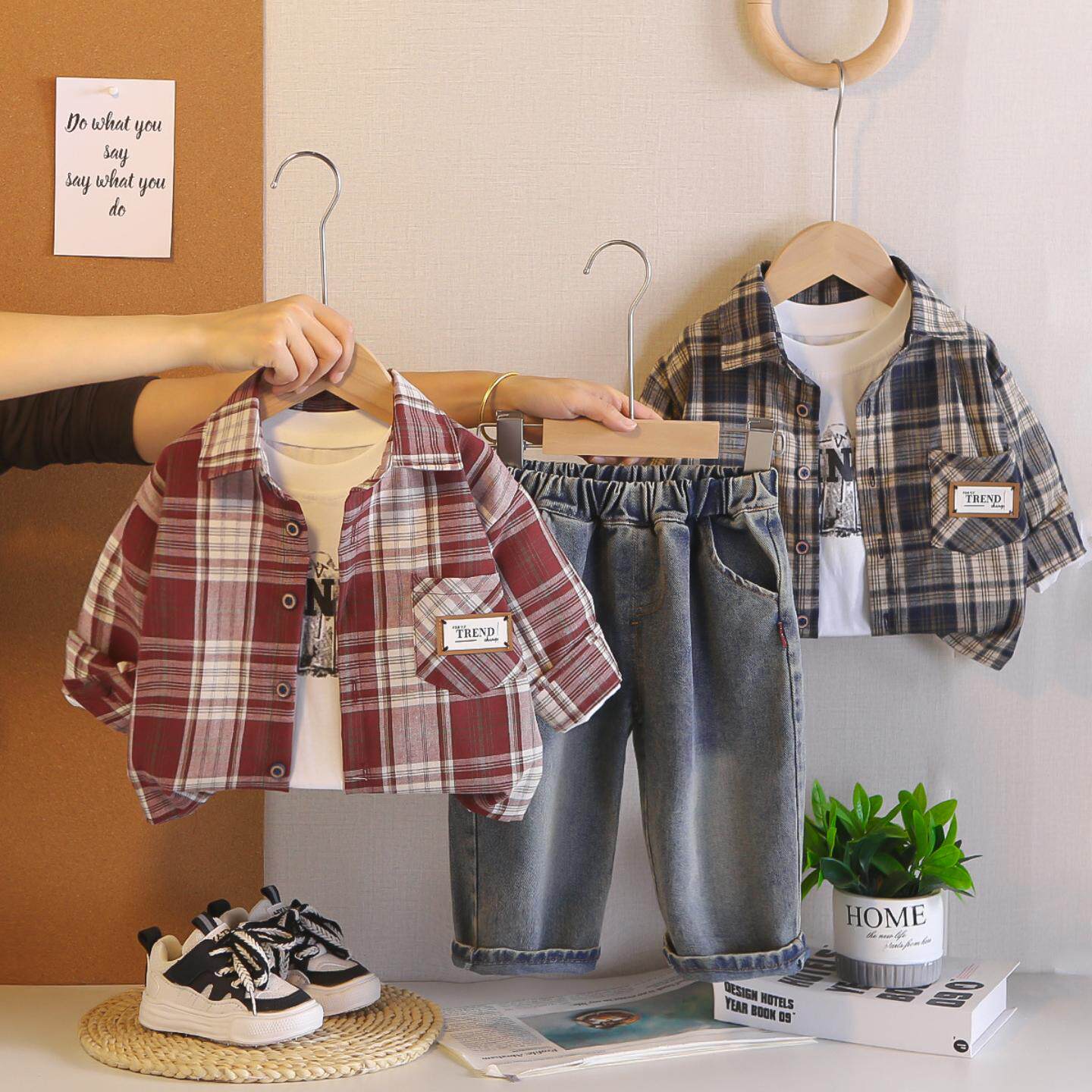 婴儿衣服春季男童洋气韩版宽松格子衬衫长袖套装0一2周岁宝宝春款