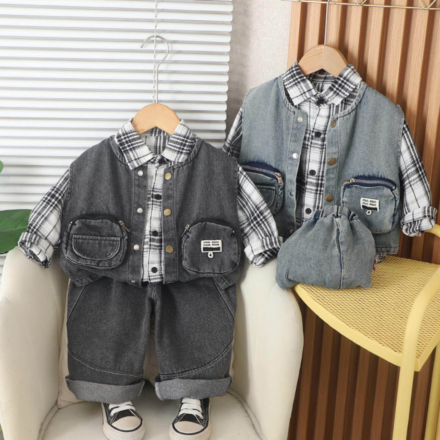 男童春装2026新款套装4帅气格子双口袋马甲三件套春秋季洋气1岁潮