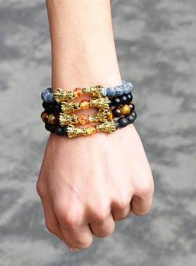 复古民族风火山石手串男士个性复古龙金属弹力绳手串裂纹石磨砂石