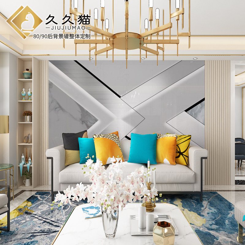 轻奢客厅岩板电视墙800x2600沙发背景墙立体线条几何影视墙壁画
