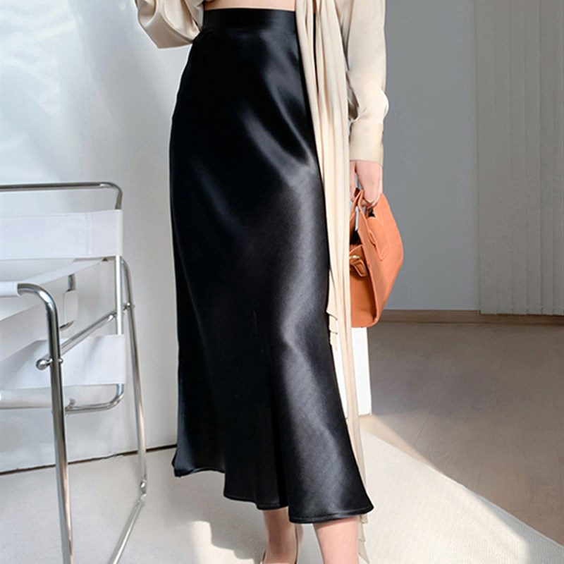 Satin Silk Skirts for Women 2022 Summer Korean Fashion Balck