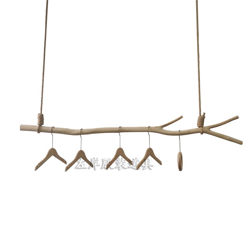 服装店干树枝衣架原木色简约展示架吊顶悬挂架晾衣杆麻绳吊挂货架