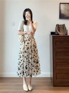 Mesh Floral Skirt Women 2021 Spring Summer Autumn Long Gauze