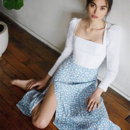 Fashion Floral Skirt Women Summer High Waist Split Beach Cas