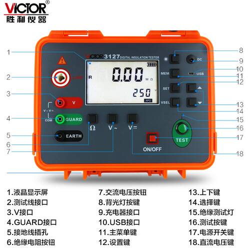 极速。胜利10KV高压数字兆欧表VC3127绝缘电阻测试仪10000V摇表25