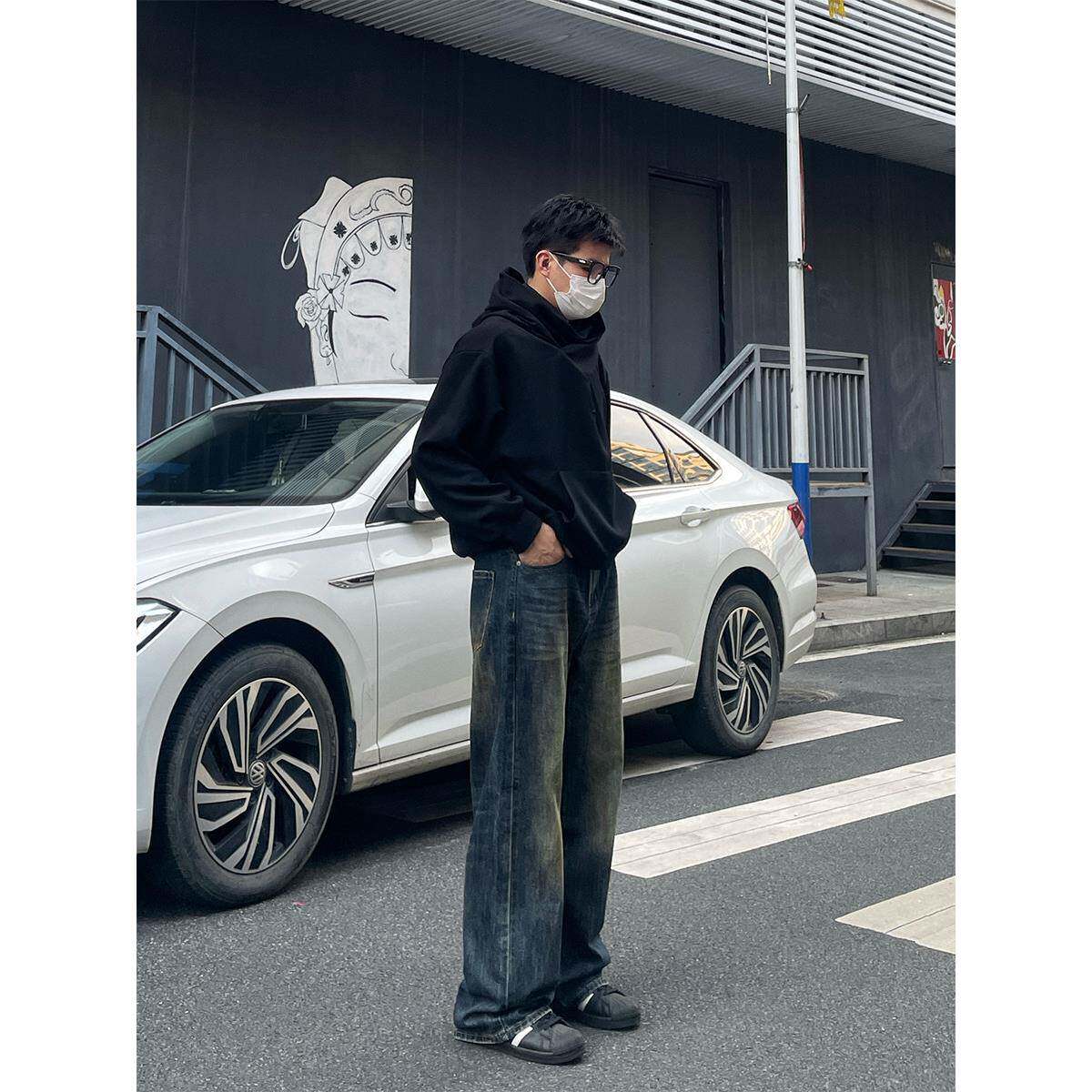 DAL 深蓝色阔腿直筒牛仔裤男2025年春季新款覆古水洗做旧锈迹裤子