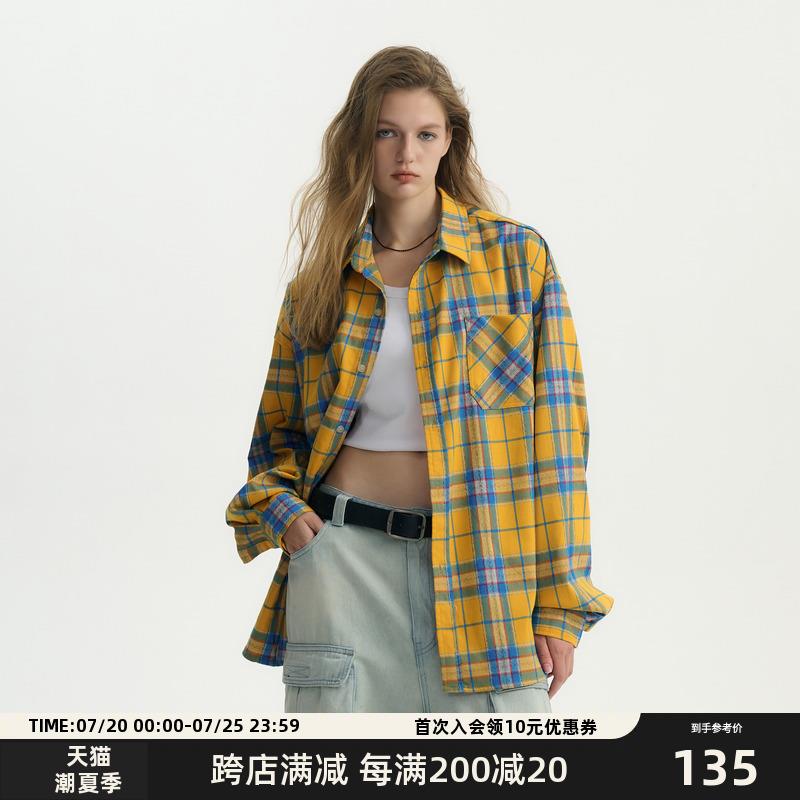 HeartBoon 美式复古黄色格子长袖衬衫男设计感宽松情侣潮牌外套女