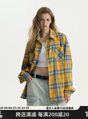 HeartBoon 美式复古黄色格子长袖衬衫男设计感宽松情侣潮牌外套女