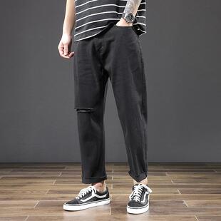 黑色直筒破洞牛仔裤男宽松潮流复古哈伦高街港风青年休闲九分裤子