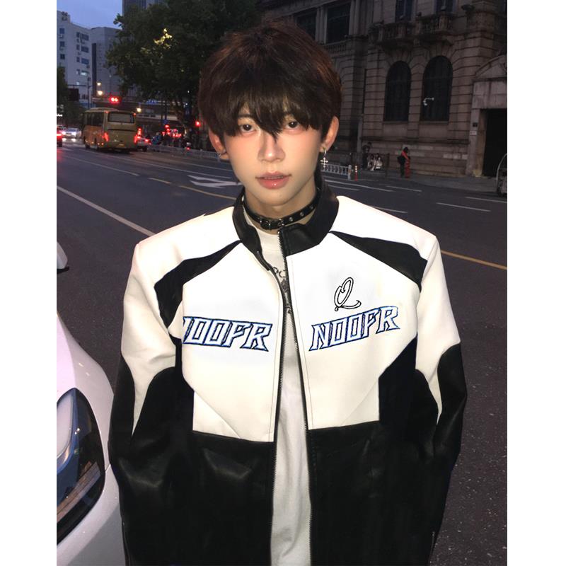 iPGHns式复古设计感小众拼接p美外u夹克男 春季宽松帅机车服痞皮