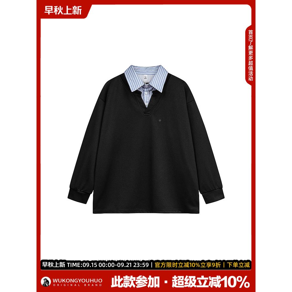 悟MHY空货复古假两件拼接领卫衣男秋季潮牌宽松有情翻侣闲休套头