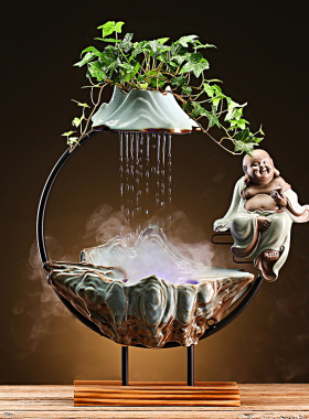 招财流水摆件假山水帘循环水缸造景客厅禅意办公室创意陶瓷盆景