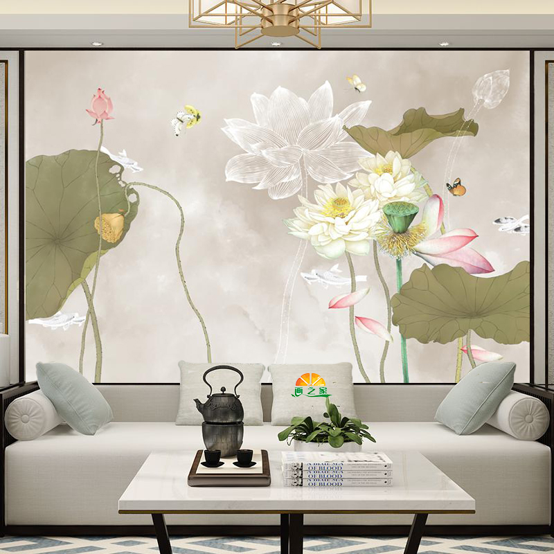 中式水墨风书房电视沙发背景墙壁纸现代简约荷花墙布复古餐厅壁画