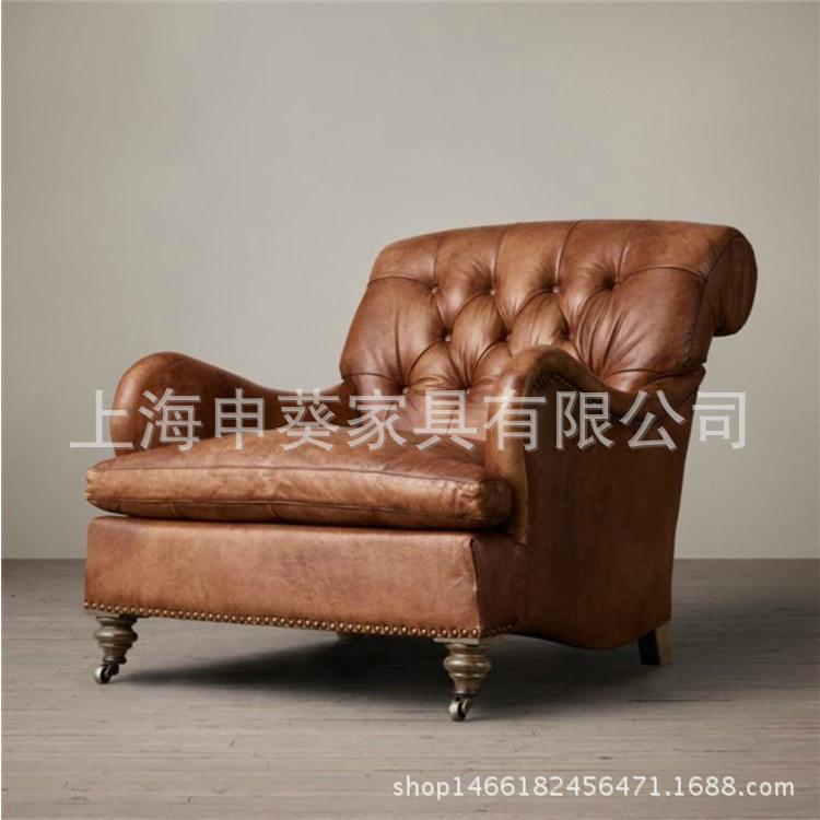 美式真皮单人沙发头层牛皮单人老虎椅酒店会所休闲沙发躺椅带脚蹬