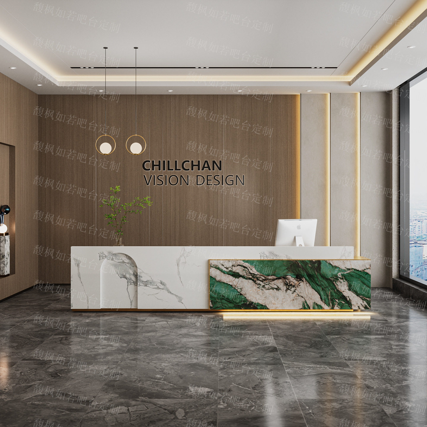 现代公司收银台前台简约大理石纹一体酒店大厅商用展厅吧台接待台图片
