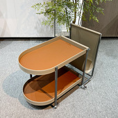 轻奢马鞍皮沙发边几 客厅阳台可移动置物架 设计感推车小户型茶几