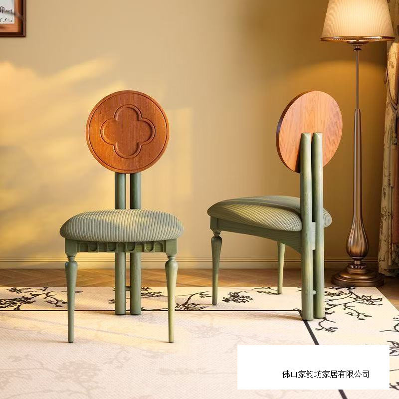 法式复古餐椅小户型餐厅家用靠背椅中古风白蜡木实木餐椅