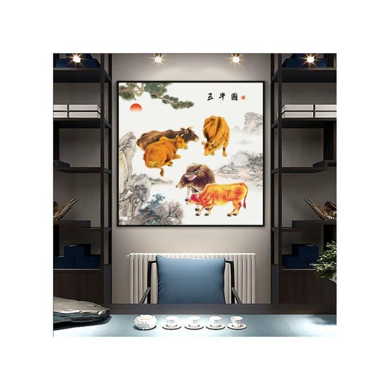 五牛图挂画国画玄关走廊过道书房正方形装饰画五牛图装饰画图片