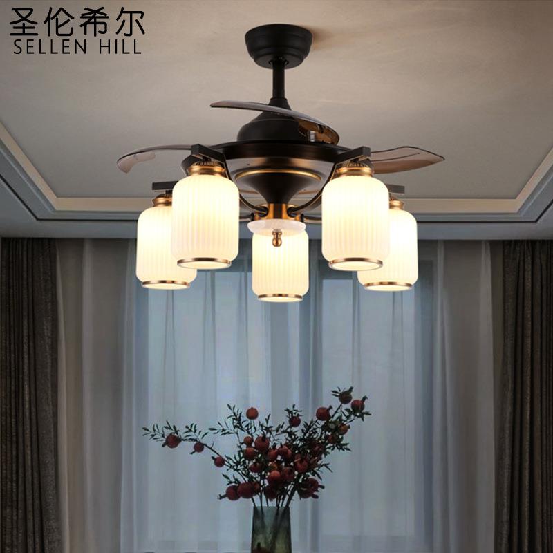 新中式客厅隐国形风扇KPG灯家用一体灯带餐厅茶室中风电吊灯吊风