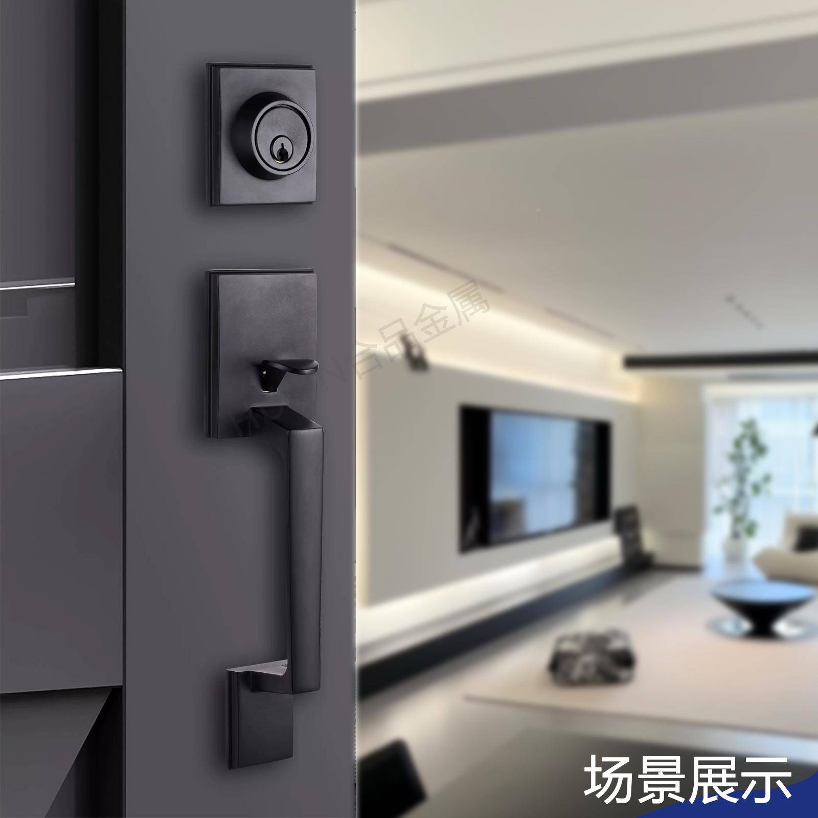 大拉开单单拉锌合金房门锁方形黑色大门锁双开把手约门锁简9922手