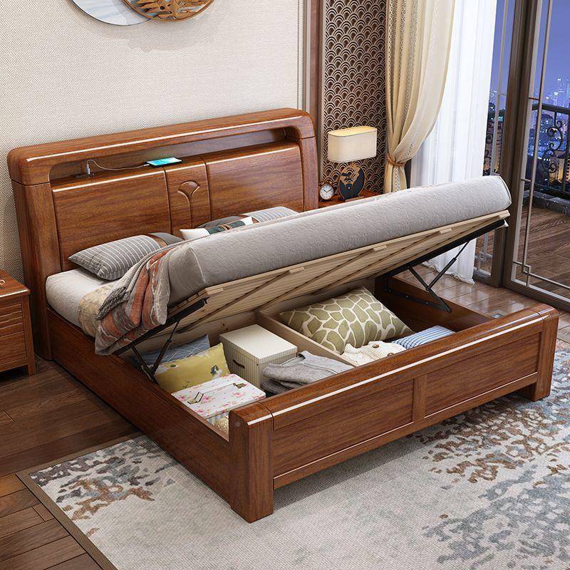 胡桃木木床家主卧简全约用1.5现代中式1URR8储物双人床婚床实.木