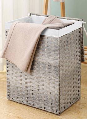 马逊藤编衣篮织脏衣篓折叠收纳筐带亚盖脏可拆卸洗衣篮QWC衣服编