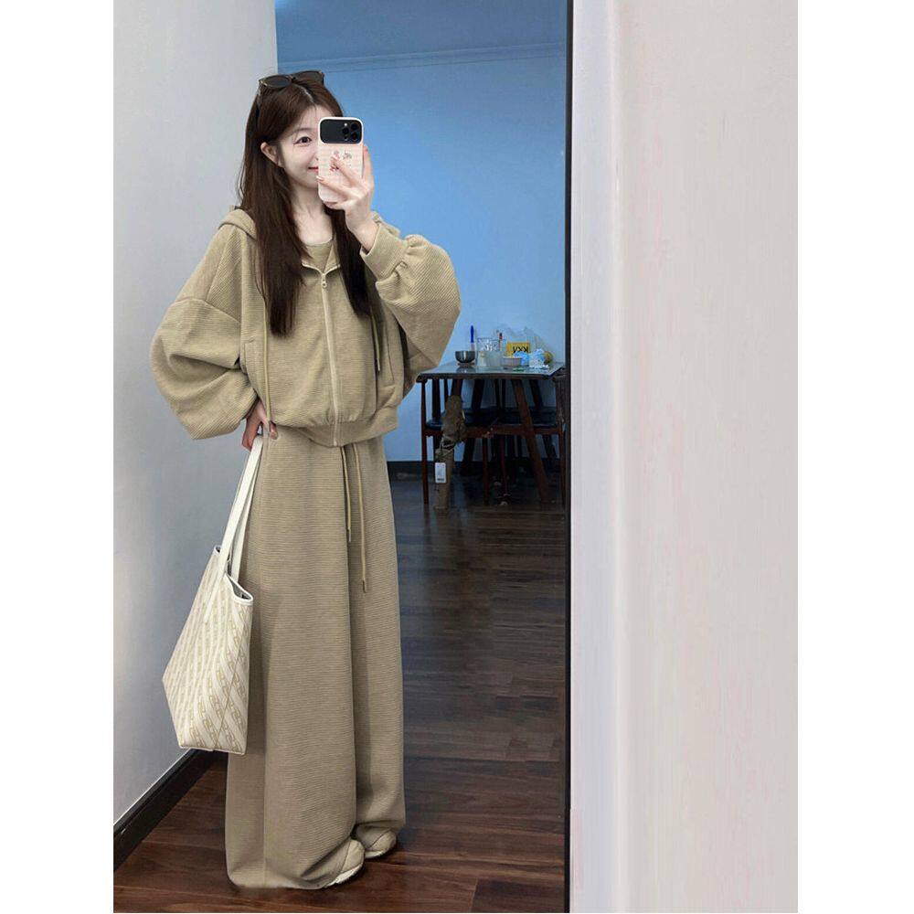 韩系休闲运动服套装女秋冬洋气少女减龄连帽卫衣外套阔腿裤两件套
